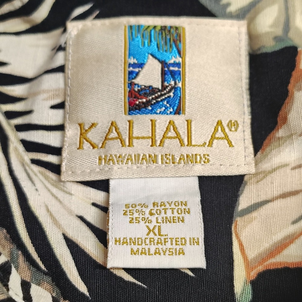 Kahala Mens XL Tropical Leaf Print Button Front Shirt Black Rayon Linen Blend - Picture 6 of 9